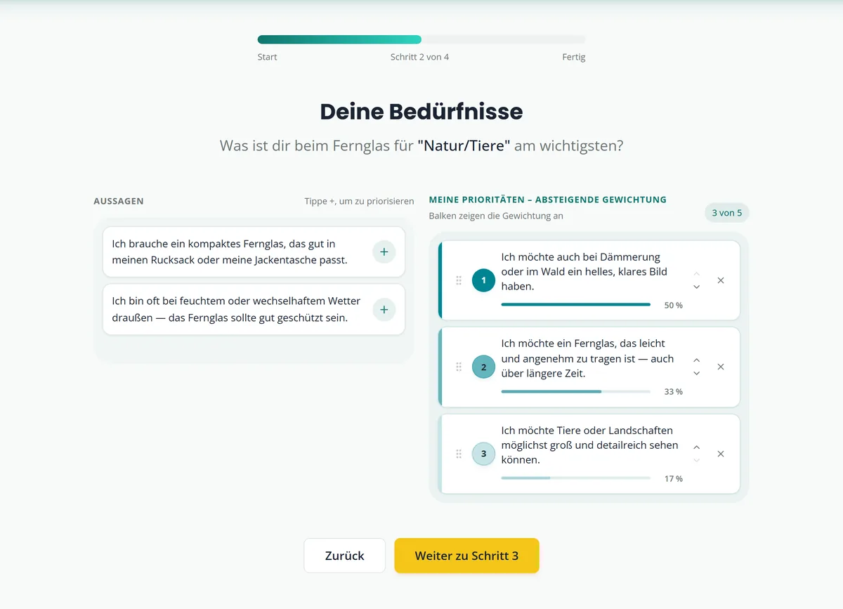 Kaufberatung Schritt 2: Drei priorisierte Aussagen mit absteigender Gewichtung als Prozentbalken, 50, 33 und 17 Prozent