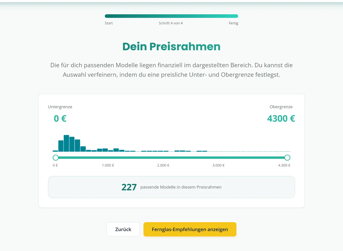 Kaufberatung Schritt 4: Preisrahmen-Regler mit Histogramm und Anzahl passender Modelle im gewählten Preisbereich