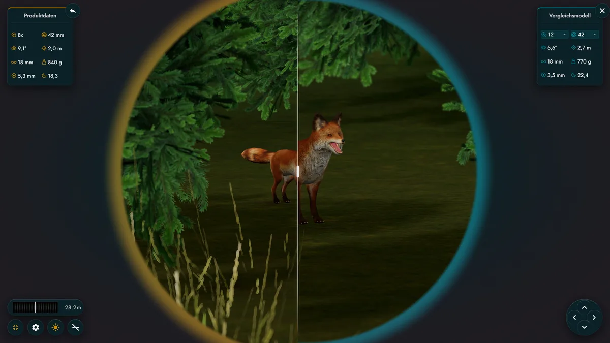 Formatvergleich im Zoomulate-Simulator: Vergleichsslider zwischen 8x42 und 12x42 mit Spec-Karten links und rechts